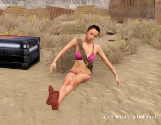 Woman in Bikini Waves Hands in Rustic Setting – AI Generated Video | Hailuo AI
