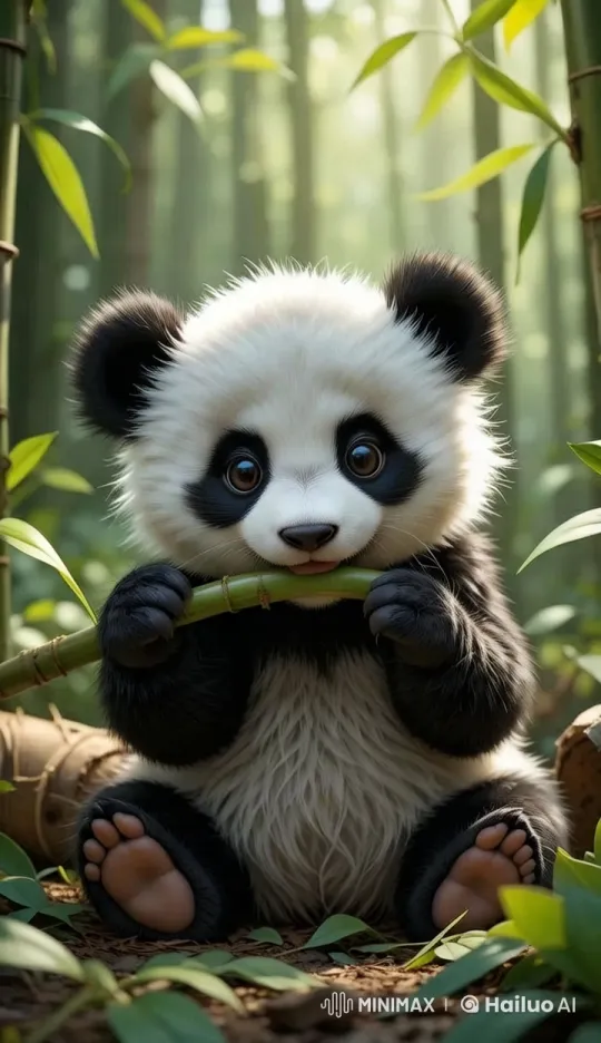 Baby Panda Enjoying Bamboo in Tranquil Forest – AI Generated Video | Hailuo AI