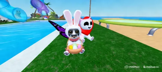 Easter Bunny and Heart Character on Vibrant Pool Lawn – AI Generated Video | Hailuo AI