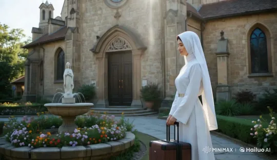 Serene Nun in Garden of Ancient Church – AI Generated Video | Hailuo AI