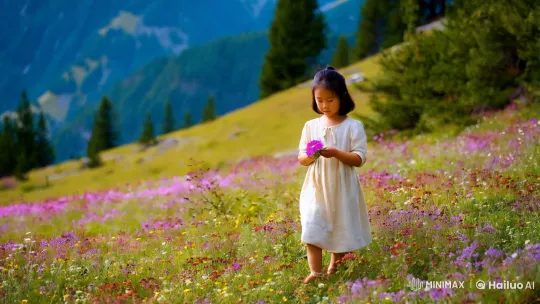 Mountain Meadow: A Young Girl's Floral Harvest – AI Generated Video | Hailuo AI