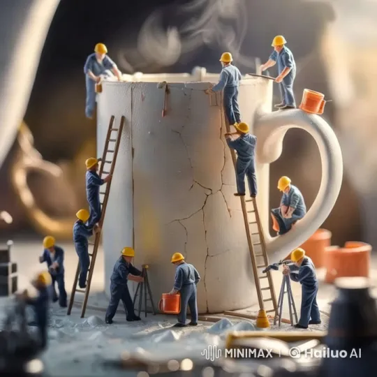 Tiny Workers Repairing a Giant Cracked Coffee Mug – AI Generated Video | Hailuo AI