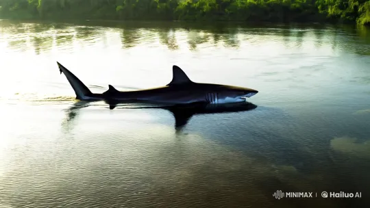 Giant Shark Glides Ominously in Tranquil River Scene – AI Generated Video | Hailuo AI