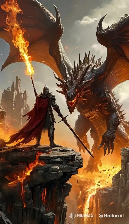 Knight vs. Dragon: Epic Confrontation on Lava Cliff – AI Generated Video | Hailuo AI