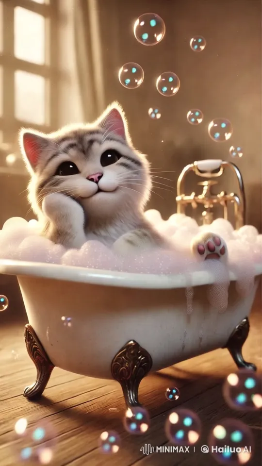 Fluffy Kitten Plays in Bubbles in Vintage Bathtub – AI Generated Video | Hailuo AI