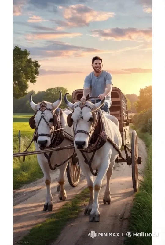 Lionel Messi Drives a Bullock Cart in Pastoral Setting – AI Generated Video | Hailuo AI