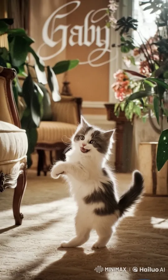 Fluffy Kitten Dancing in Elegant Room – AI Generated Video | Hailuo AI