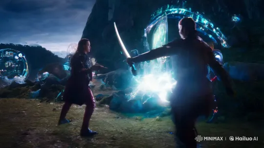 Magical Cyberpunk Swordfight in Ethereal Sci-Fi Landscape – AI Generated Video | Hailuo AI