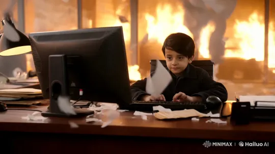 Boy Types Calmly Amid Office Inferno – AI Generated Video | Hailuo AI