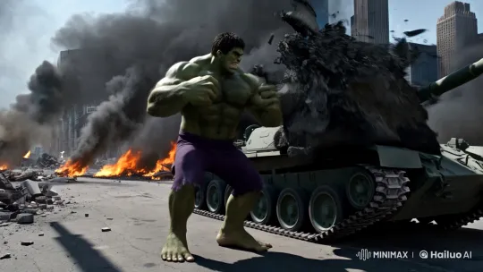 Hulk Dominates Ravaged Cityscape Amidst Chaos – AI Generated Video | Hailuo AI