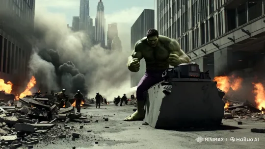 Hulk Dominates Urban Ruins Amidst Chaos – AI Generated Video | Hailuo AI