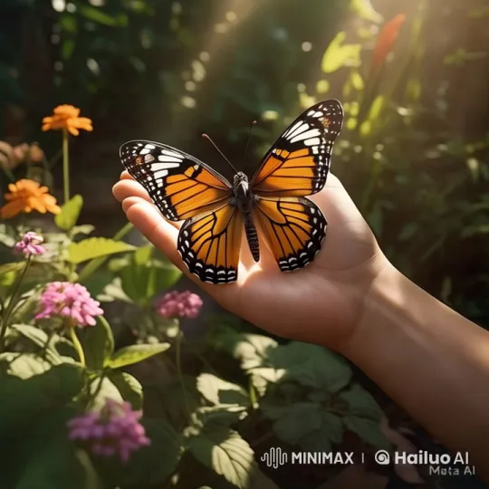 Butterfly on Hand in Sunlit Garden – AI Generated Video | Hailuo AI