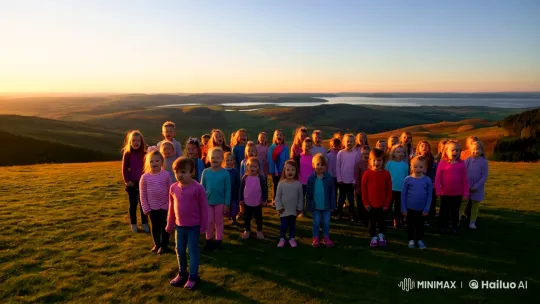 Children's Chorus Under the Golden Sunset Sky – AI Generated Video | Hailuo AI