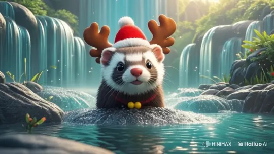 Animated Santa Ferret Sings Amidst Waterfall Serenity – AI Generated Video | Hailuo AI