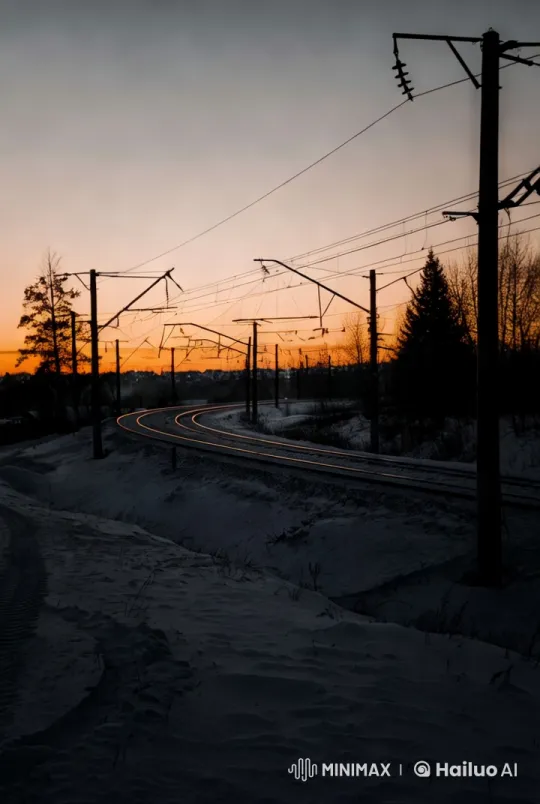 Tranquil Winter Sunset Over Snowy Railway – AI Generated Video | Hailuo AI