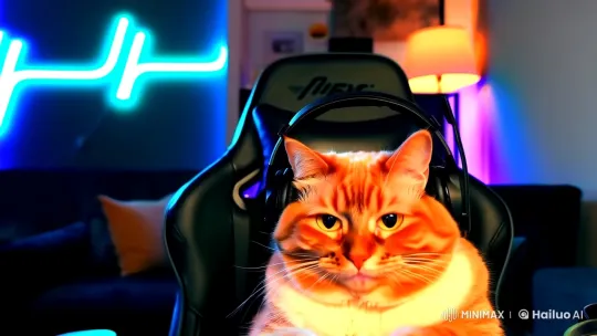 Chubby Orange Cat in Futuristic Gaming Setup – AI Generated Video | Hailuo AI