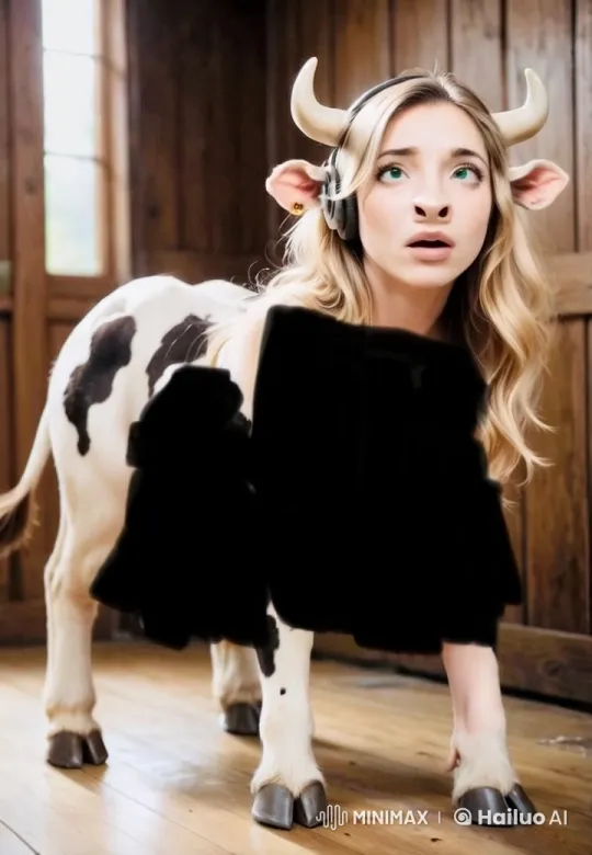 Blonde Woman with Cow Features Surprised in Wooden Room – AI Generated Video | Hailuo AI
