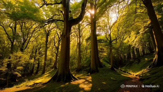Golden Sunlit Forest: Majestic Canopy and Rustling Leaves – AI Generated Video | Hailuo AI