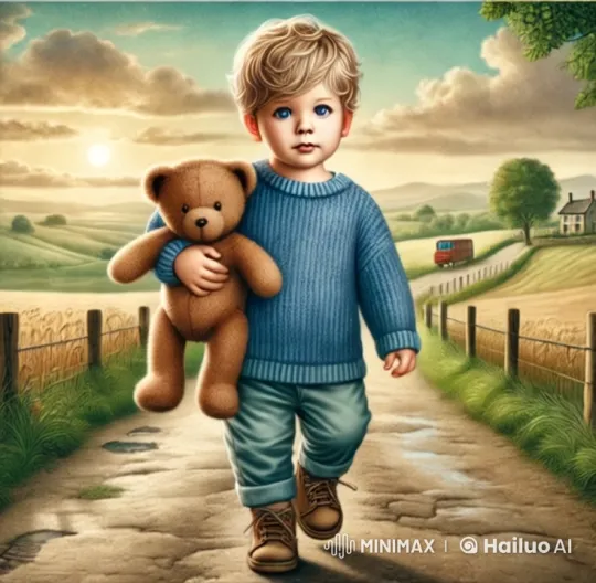 Boy Walks with Teddy on Serene Country Road – AI Generated Video | Hailuo AI