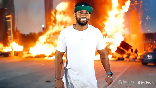 Man with Sunglasses Walks Through Chaotic Explosion – AI Generated Video | Hailuo AI