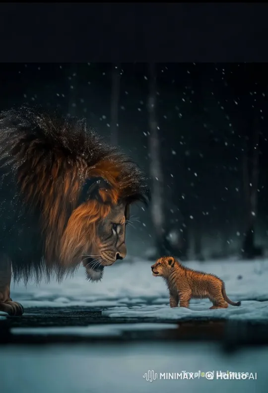 Lion and Cub Bond in Serene Snowy Landscape – AI Generated Video | Hailuo AI
