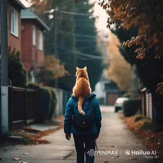 Autumn Stroll with Cat on Shoulders in Suburban Tranquility – AI Generated Video | Hailuo AI