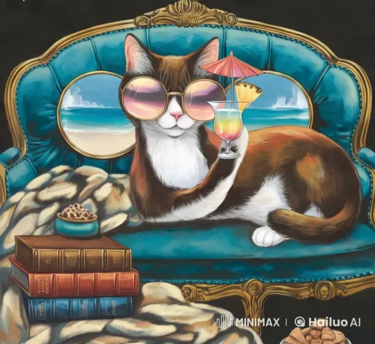 Stylish Cat Relaxing with Cocktail on Velvet Sofa – AI Generated Video | Hailuo AI