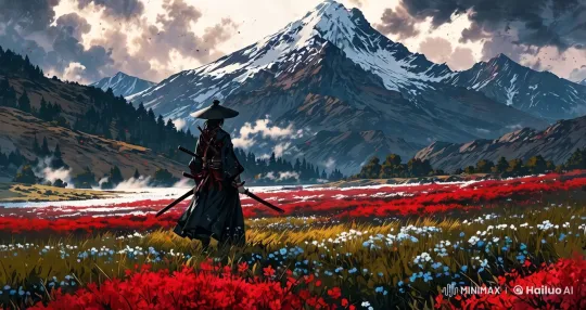 Samurai in Majestic Mountainous Flower Field – AI Generated Video | Hailuo AI