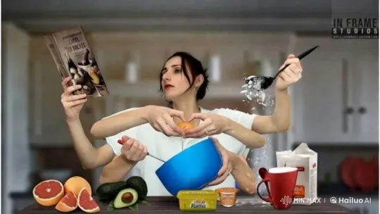 Woman Cooks with Eight Hands in Synchronized Kitchen Scene – AI Generated Video | Hailuo AI