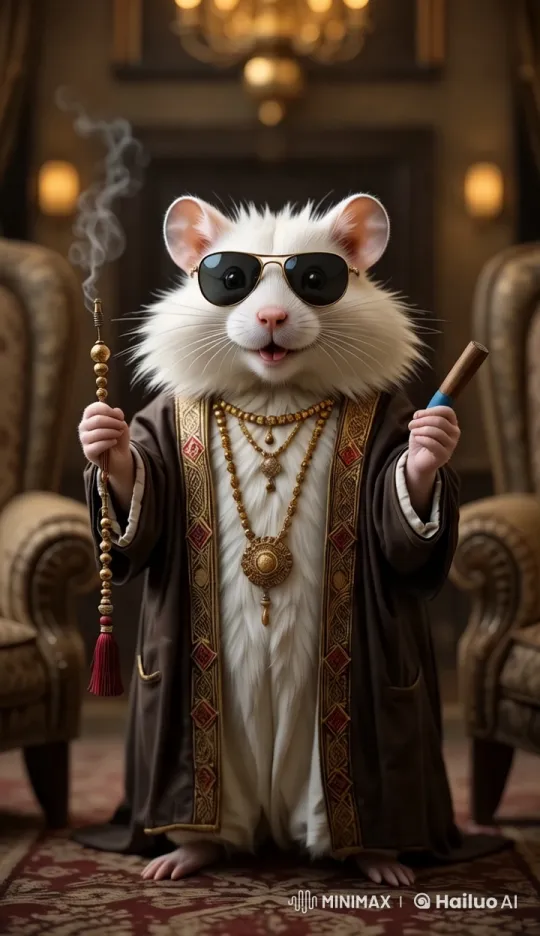 Furry Hamster in Arab Attire with Prayer Beads and Cigar – AI Generated Video | Hailuo AI