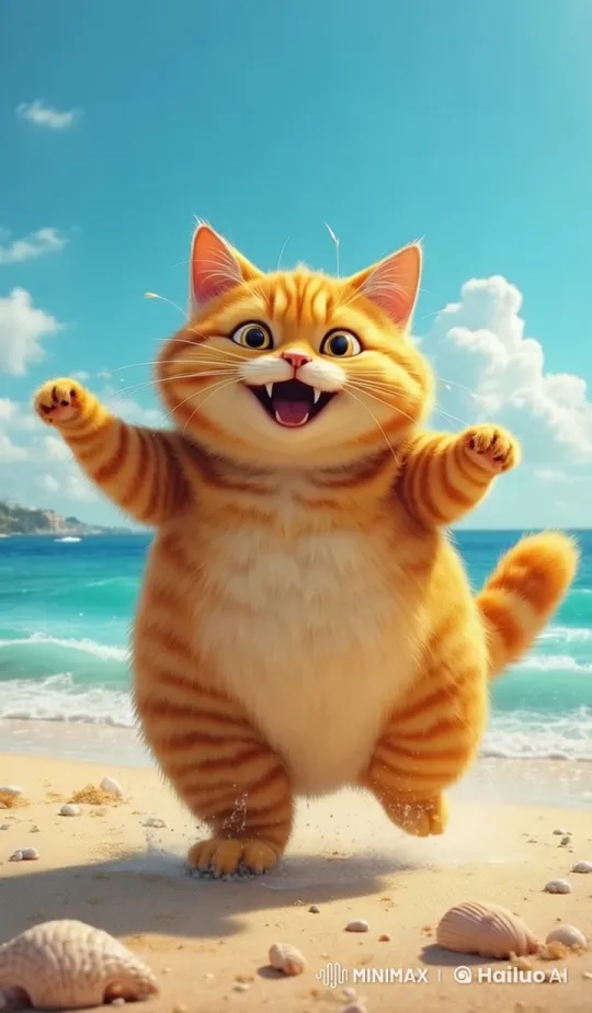 Adorable Cat Frolics on Sparkling Beach in Live2D Animation – AI Generated Video | Hailuo AI