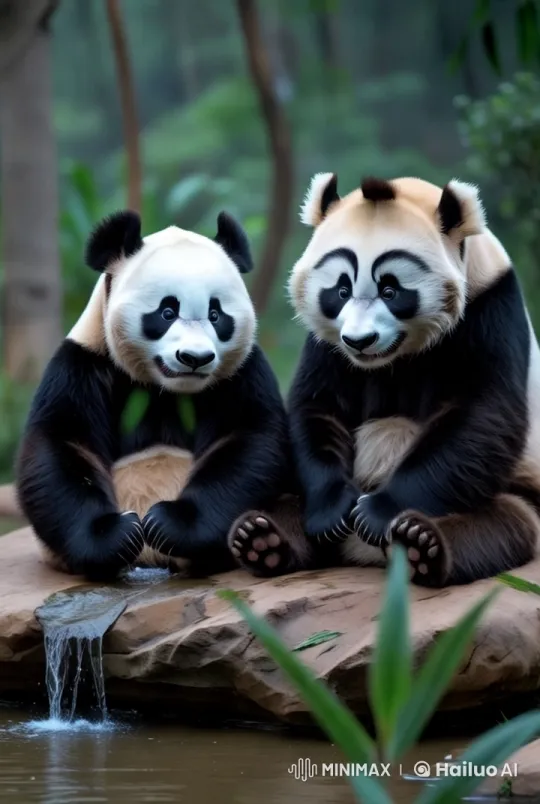 Pandas Relaxing by a Waterfall in a Lush Forest – AI Generated Video | Hailuo AI
