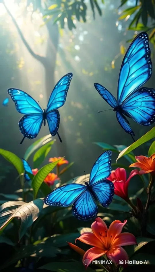 Vibrant Blue Butterflies in Lush Forest 4K Slow Motion – AI Generated Video | Hailuo AI