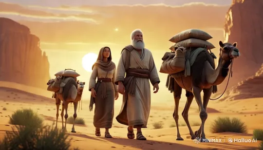 Desert Caravan at Sunset with Elderly Man and Young Woman – AI Generated Video | Hailuo AI
