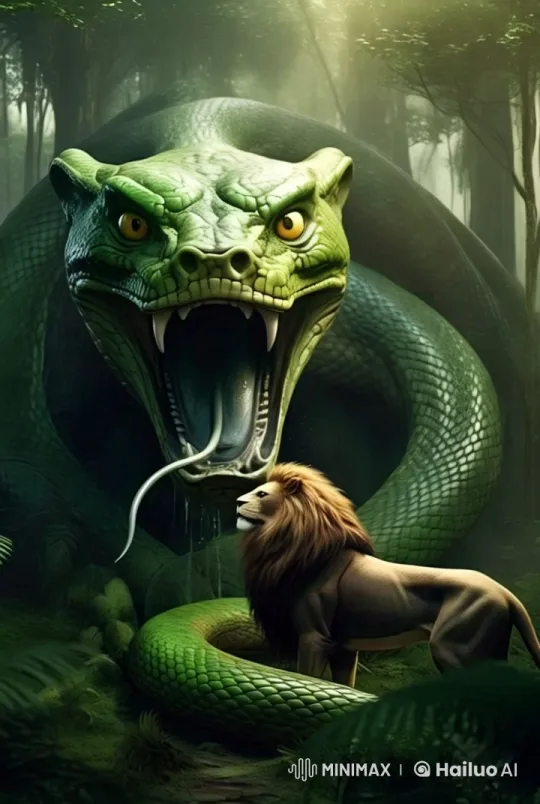 Dramatic Encounter of Snake and Lion in Dense Jungle – AI Generated Video | Hailuo AI