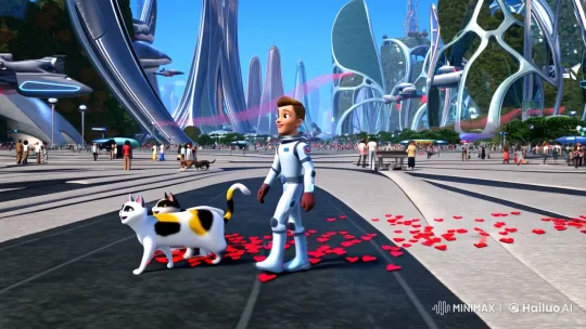 Astronaut Walks Avenue with Cats Amidst Futuristic Cityscape – AI Generated Video | Hailuo AI