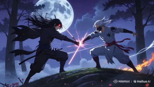 Moonlit Forest: Warriors Clash in Fiery Duel – AI Generated Video | Hailuo AI