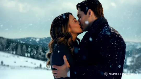 Couple's Intimate Kiss Captured in Serene Snowfall Scene – AI Generated Video | Hailuo AI