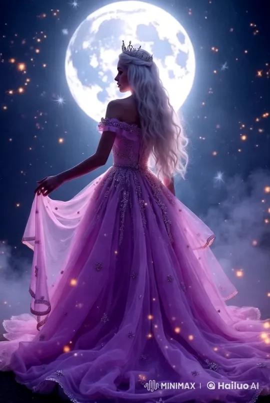 Queen in Pink Gown Walks Towards Full Moon, Fireflies Dance – AI Generated Video | Hailuo AI