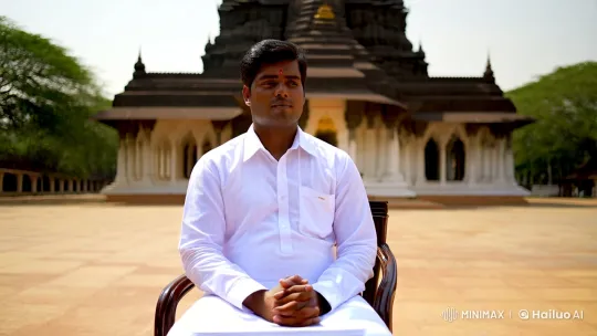 Man Prays in Courtyard, Walks to Majestic Temple – AI Generated Video | Hailuo AI