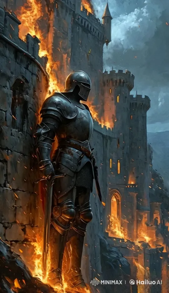 Knight Leaps from Burning Castle to Horseback – AI Generated Video | Hailuo AI