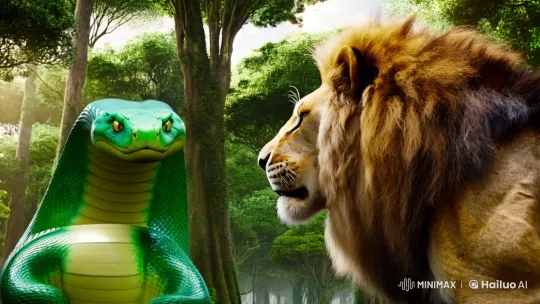 Giant Green Snake Engulfs Lion in Dense Forest Struggle – AI Generated Video | Hailuo AI