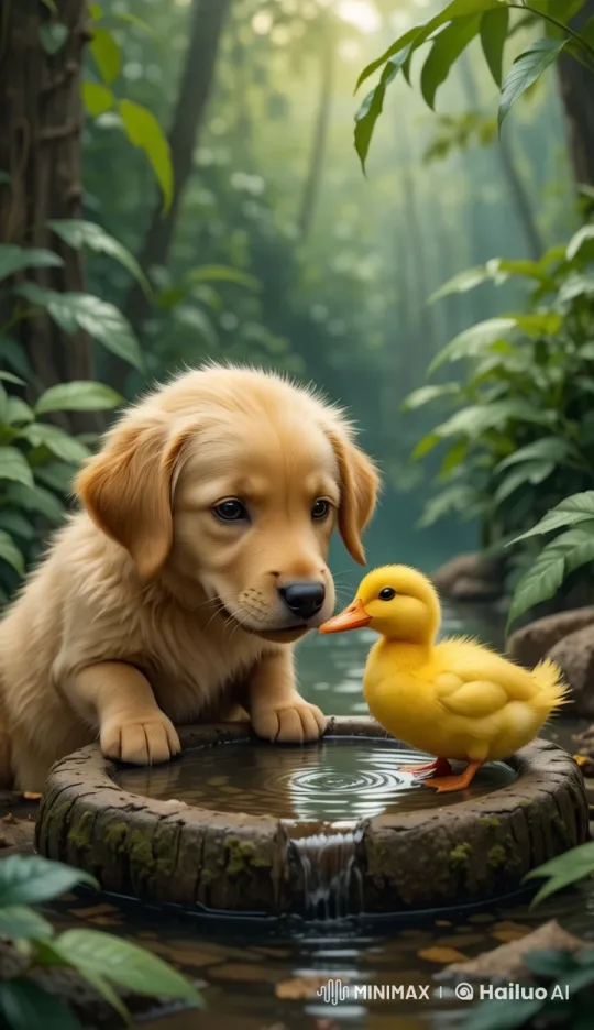 Golden Puppy and Duckling Drink Peacefully at Forest Fountain – AI Generated Video | Hailuo AI