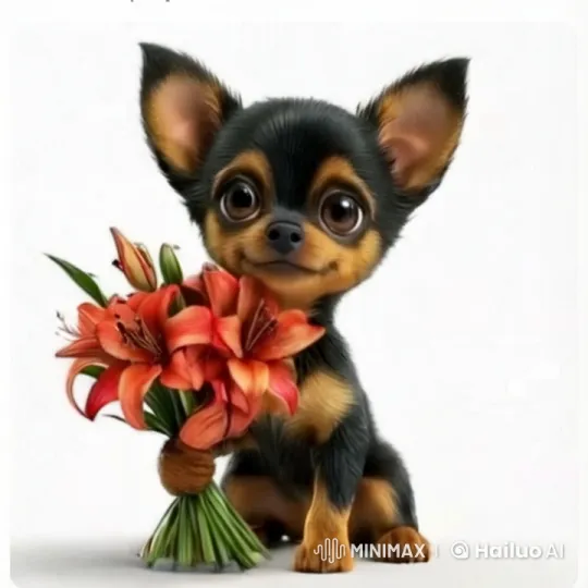 Animated Chihuahua Puppy Presents Vibrant Gladioli Bouquet – AI Generated Video | Hailuo AI