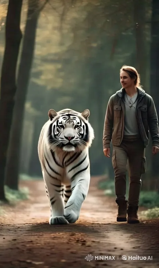 Man and White Tiger Walk in Peaceful Forest Harmony – AI Generated Video | Hailuo AI