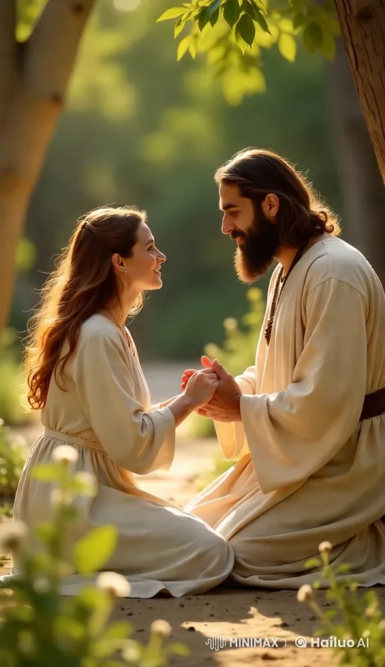 Serene Forest Scene: Maria Madalena and Jesus in Intimate Exchange – AI Generated Video | Hailuo AI