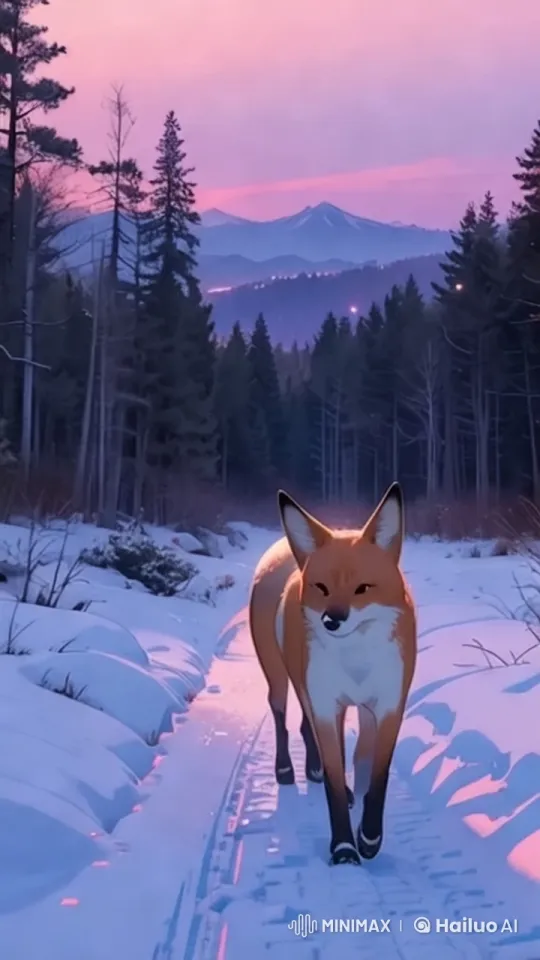 Vibrant Fox Runs Through Snowy Forestscape – AI Generated Video | Hailuo AI