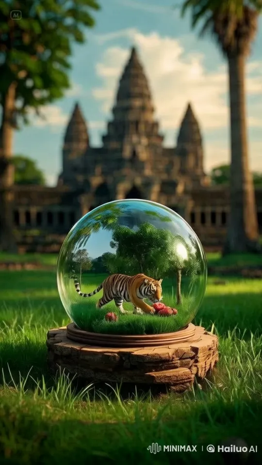 Tiger Grazing in a Glass Sphere Amidst Enchanted Forest – AI Generated Video | Hailuo AI