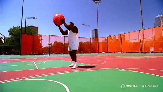 Man Celebrates Successful Watermelon Shot on Urban Basketball Court – AI Generated Video | Hailuo AI