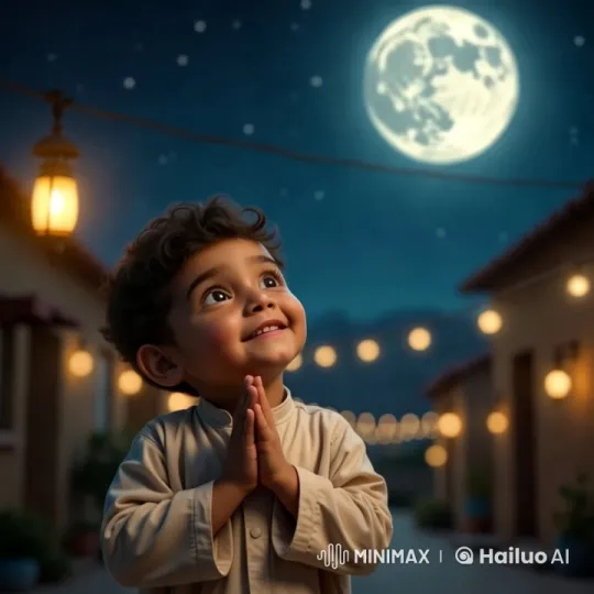 Boy in Awe of Full Moon in Enchanted Village – AI Generated Video | Hailuo AI